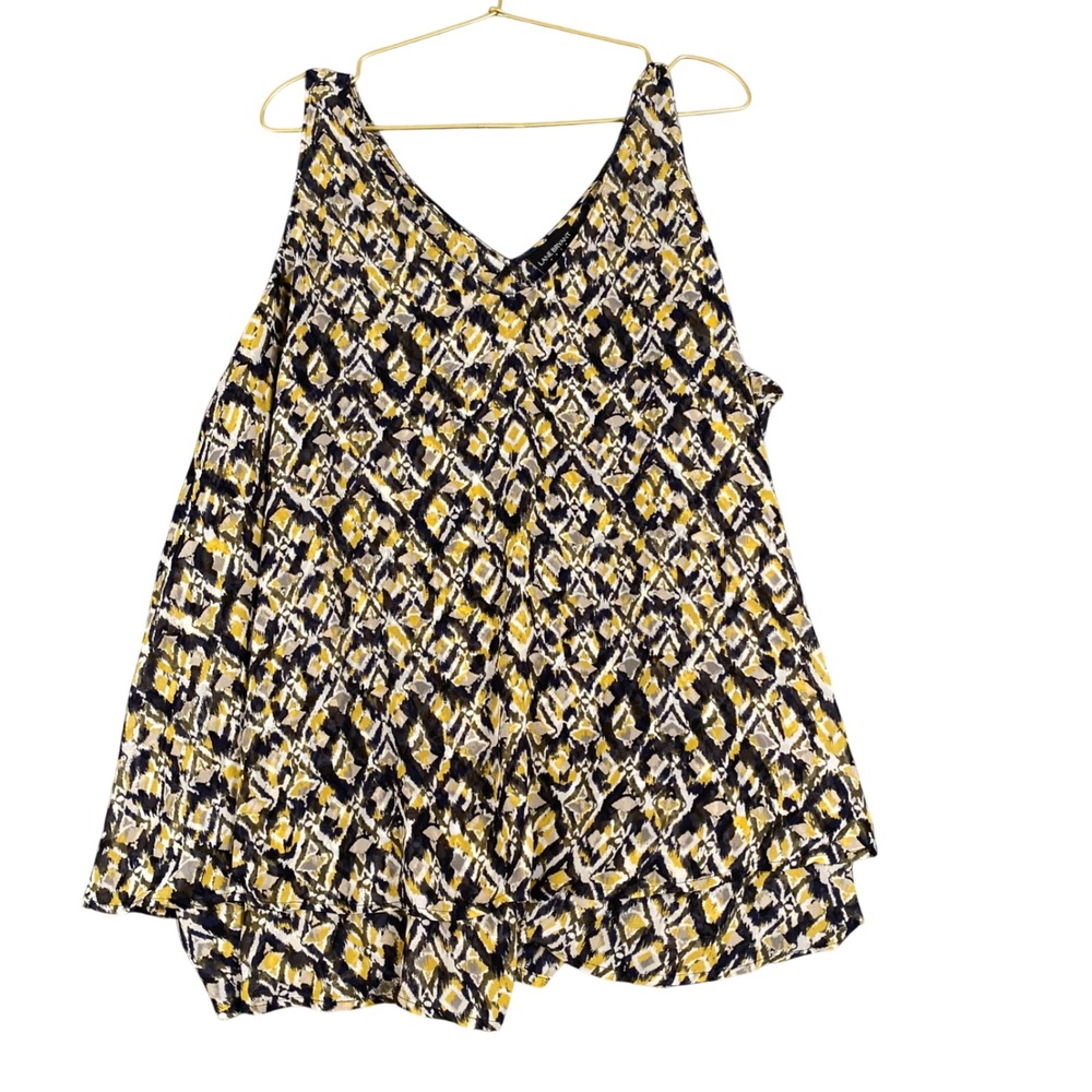 Lane Bryant Womens Plus Size 26 Yellow Navy Ikat Print Layered V-Neck Tank Top